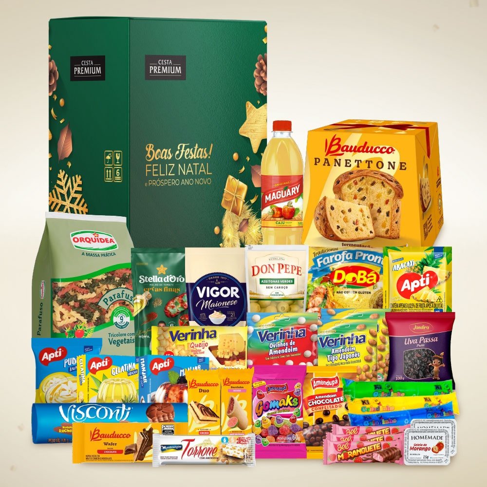 Cesta de Natal sem bebida alcoólica com panettone Bauducco e itens natalinos para empresas